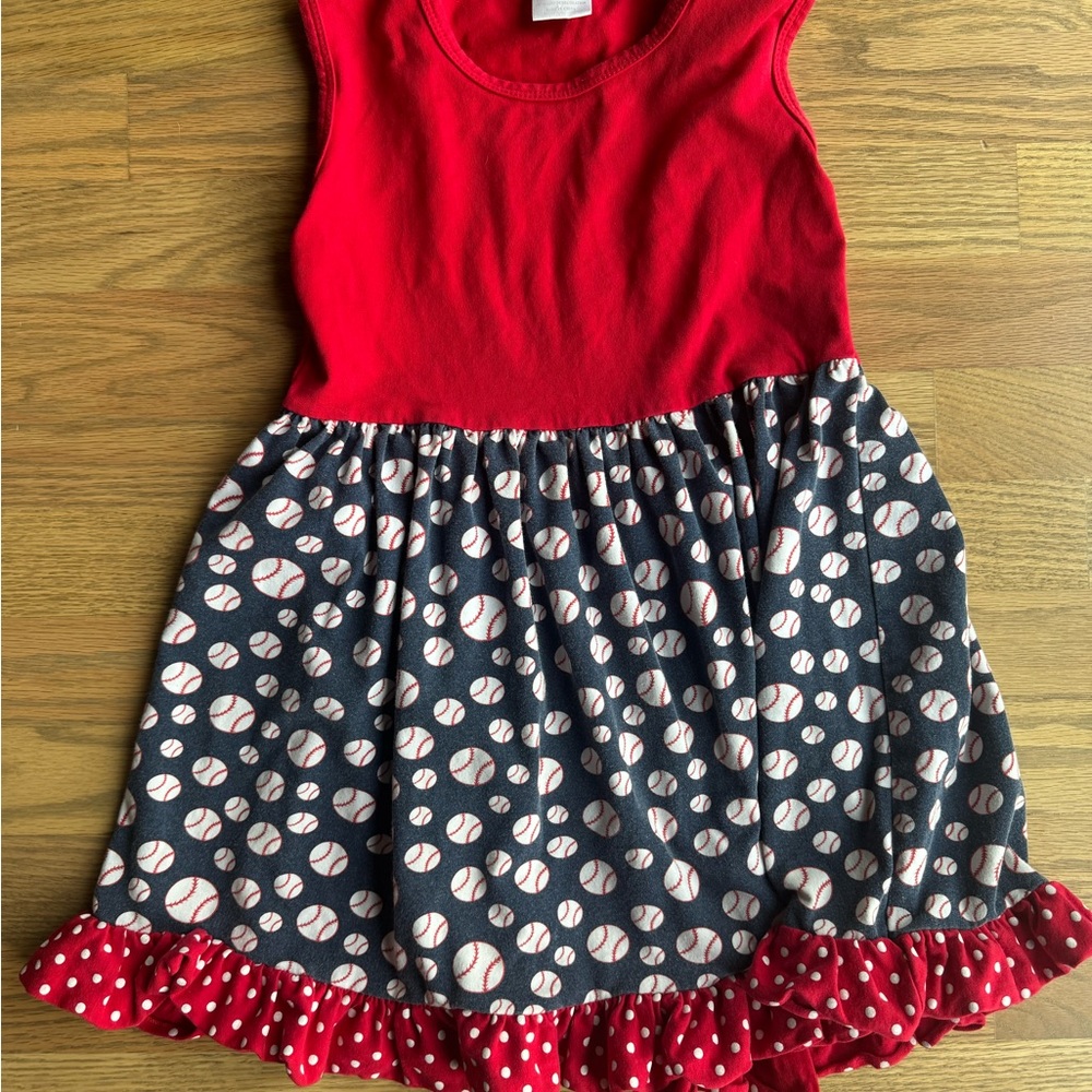 Red and Navy Baseball Print Girls Dress